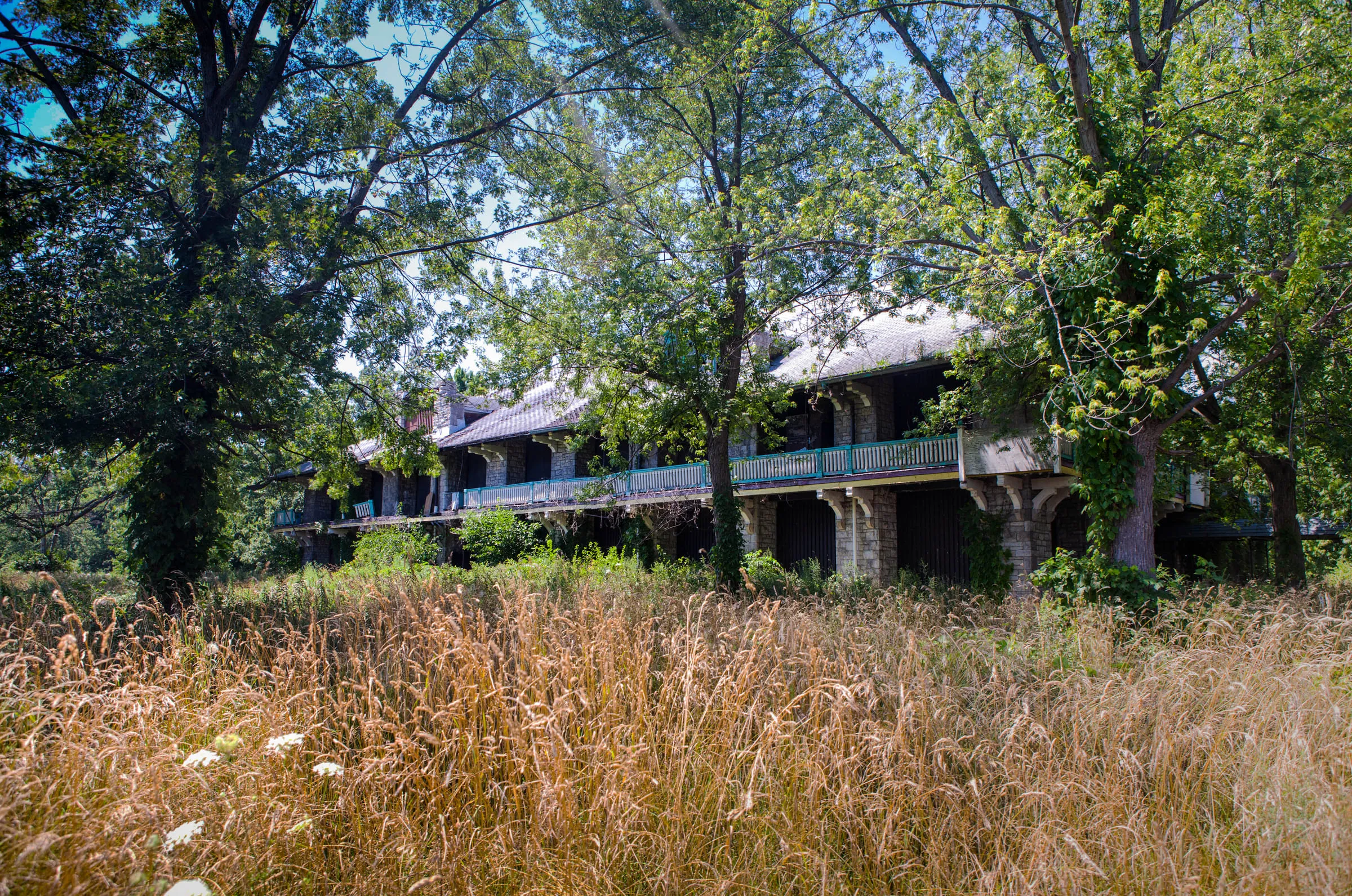 A long two-storey building with a collapsed veranda, half-hidden behind overgrown grass and trees